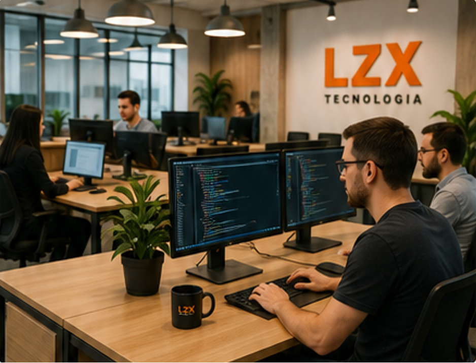 Equipe da LZX Tecnologia trabalhando em um escritório moderno