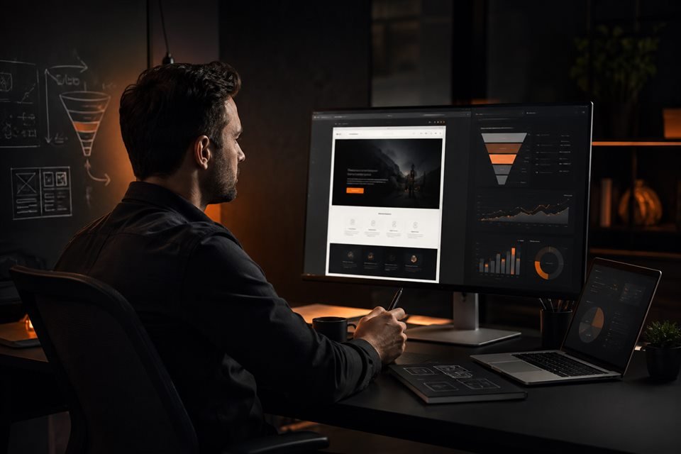Especialista analisando uma landing page e indicadores de conversão
