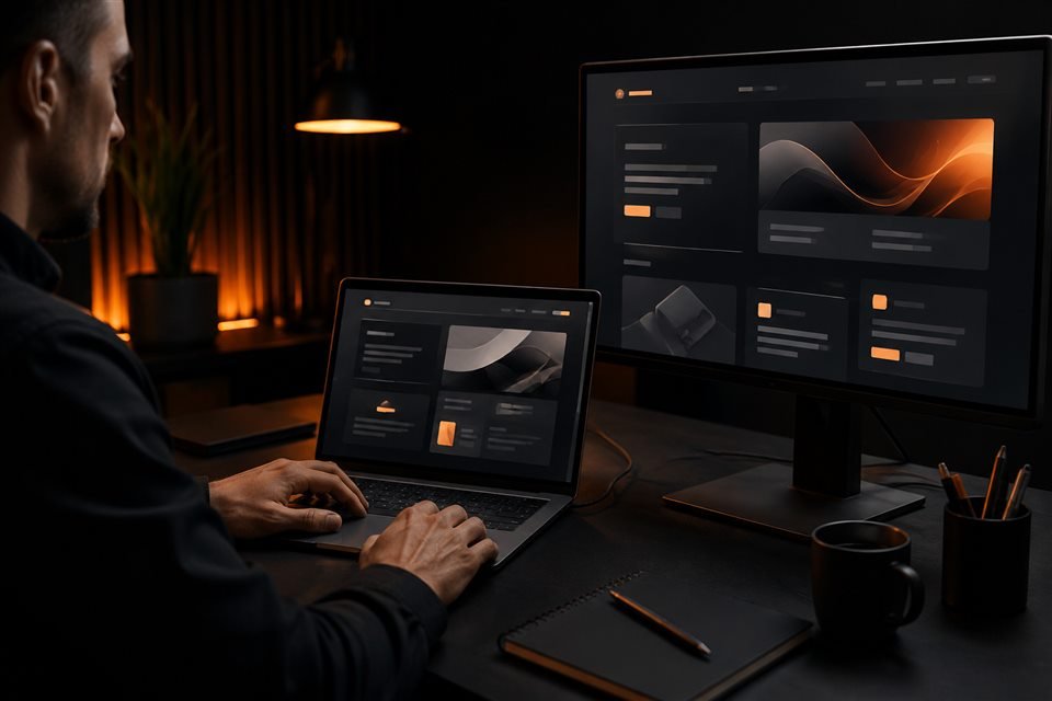 Profissional desenvolvendo um site corporativo em uma estação de trabalho moderna