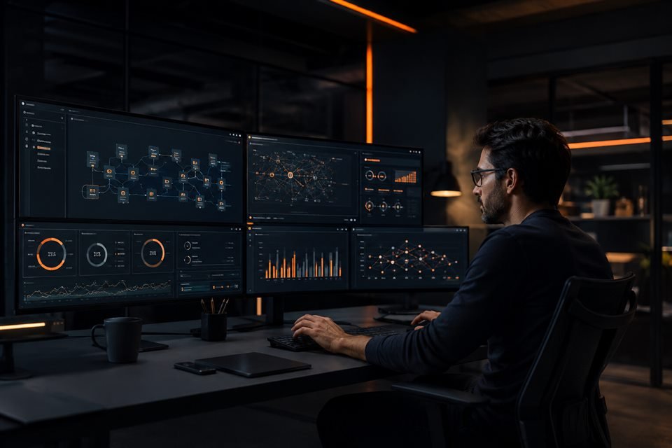Engenheiro de software trabalhando em dashboards e sistemas empresariais